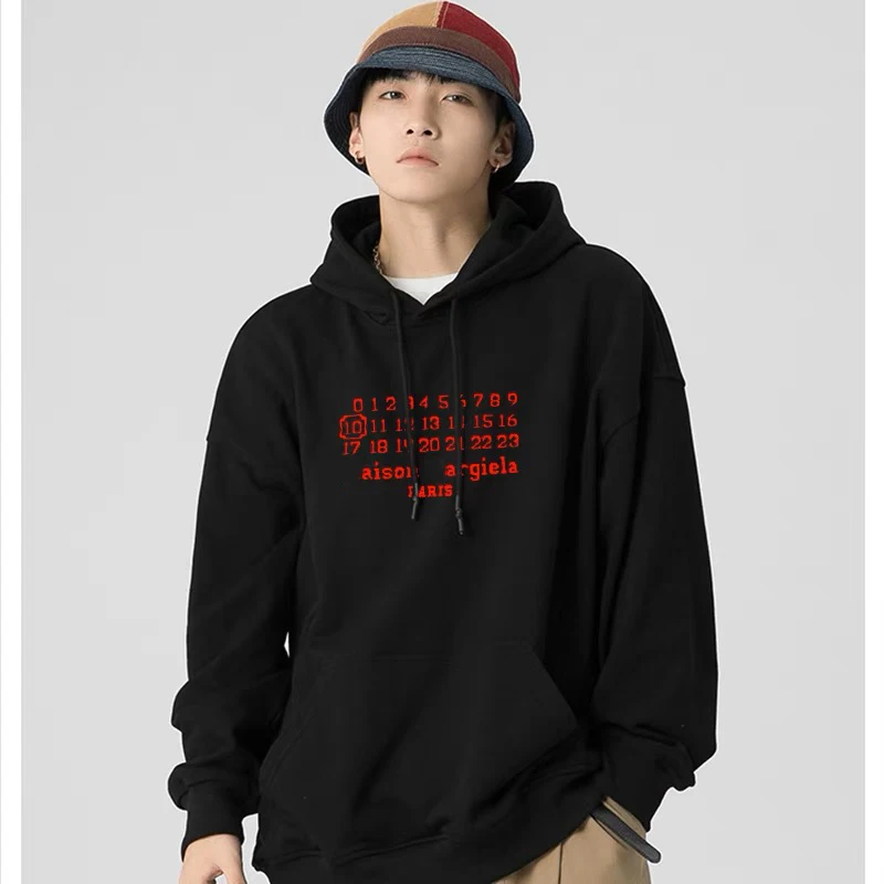 

2023 New MM6 Red Numeric Embroidery Hooded Loose Pullover Unisex Sweater Hoodie