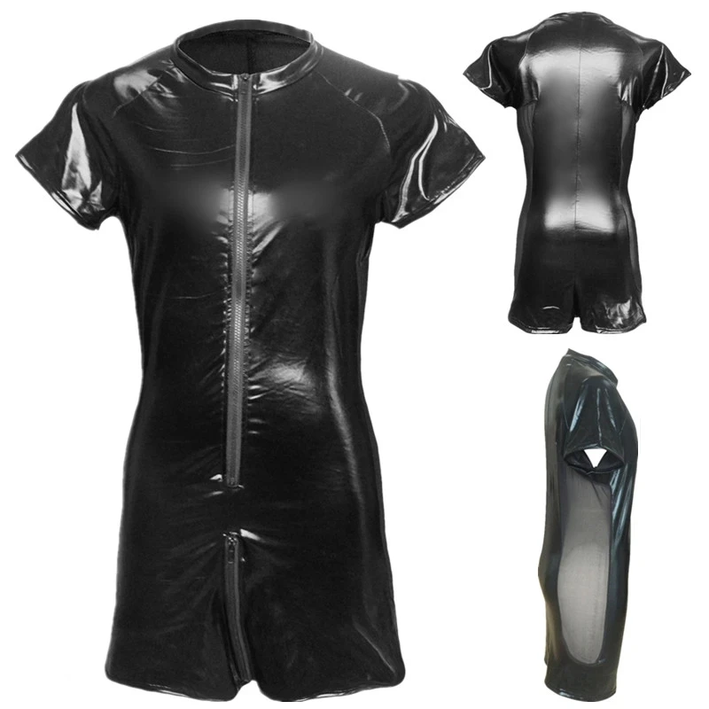 

Plus S-3XL Good Quality Male PVC Leather Teddy Bodysuit Open Crotch Front Zipper Jumpsuit Mens Fetish Latex Clubwear Catsuit