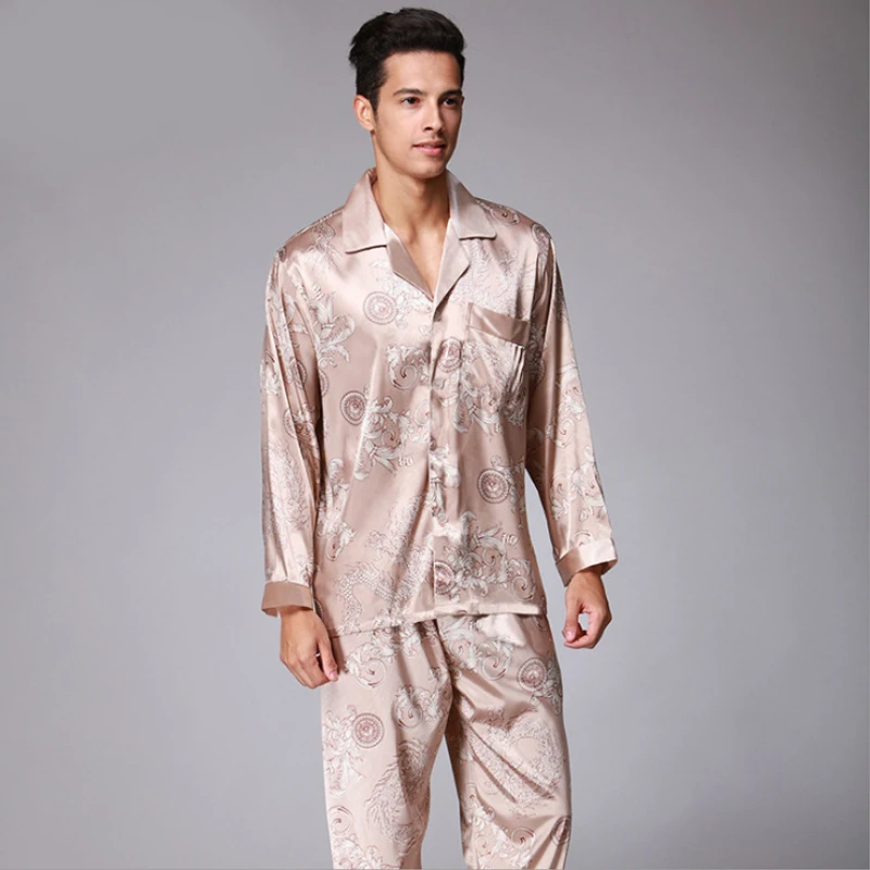 SAMWESTART Printed Wedding Mens Pajamas Satin Silk Nightgown Sleepwear Spring Autumn Male Full Sleeves Pants Pajama Set