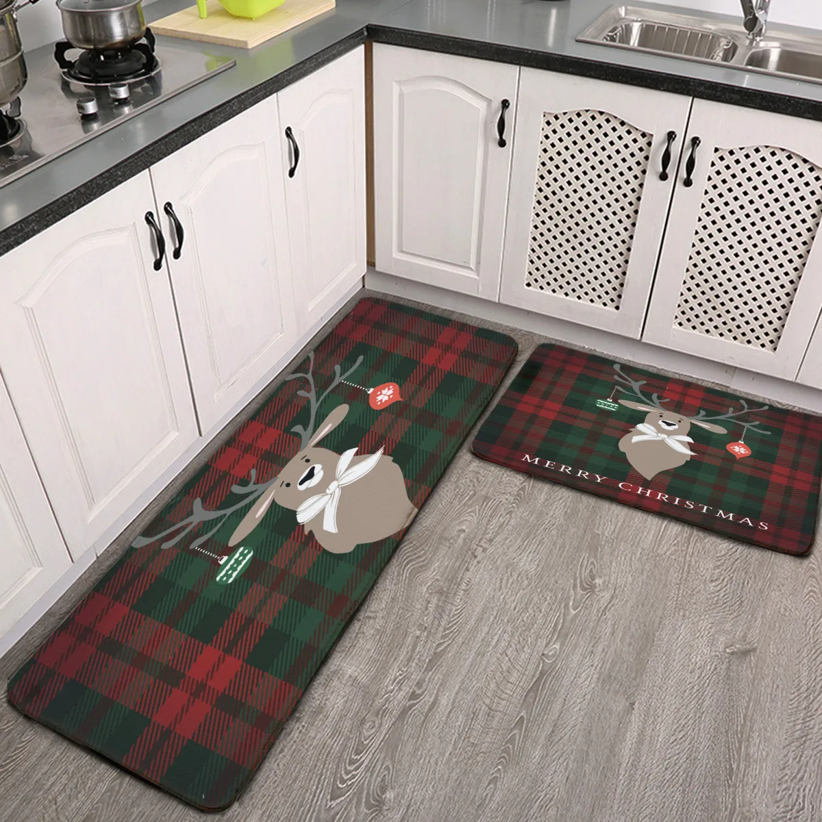 

Kitchen Rugs Mats Set 2 Piece Merry Christmas Reindeer Christmas Tartan Check Plaid Kitchen Floor Runner Mats Cushioned Anti Fat