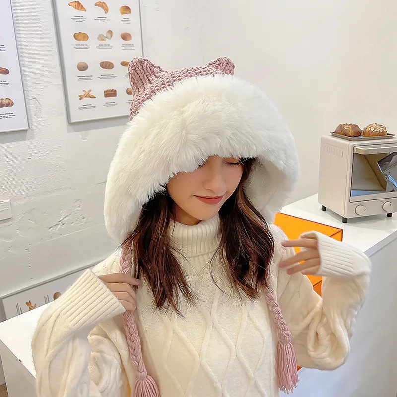 

Winter Warm Cute Beanie Hat Cat Ears Lady Kawaii Knitted Crochet Beanies Hat Cap with Braid for Women Beanies for Women Bonnets