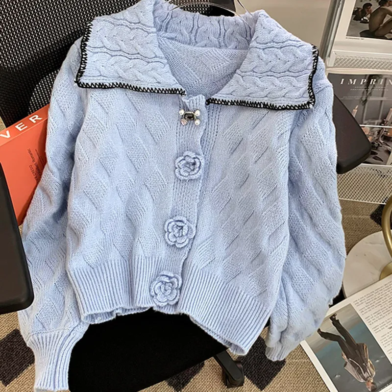 

Blue Knitted Women's Outerwear Autumn And Winter New Loose Turn-Down Collar Casual Single Breasted Long Sleeve Sweater Jackets