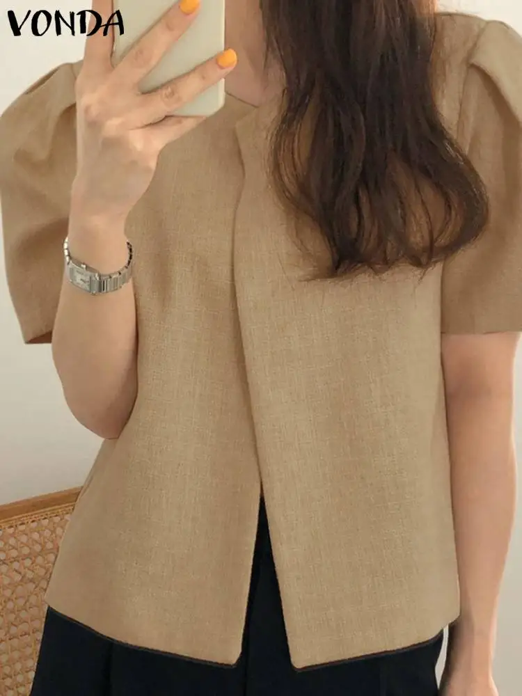 

Элегантная блузка VONDA, модные женские рубашки в офисном стиле 2023, летние сексуальные однотонные Топы с коротким рукавом-фонариком и круглым вырезом, повседневные свободные блузы для женщин