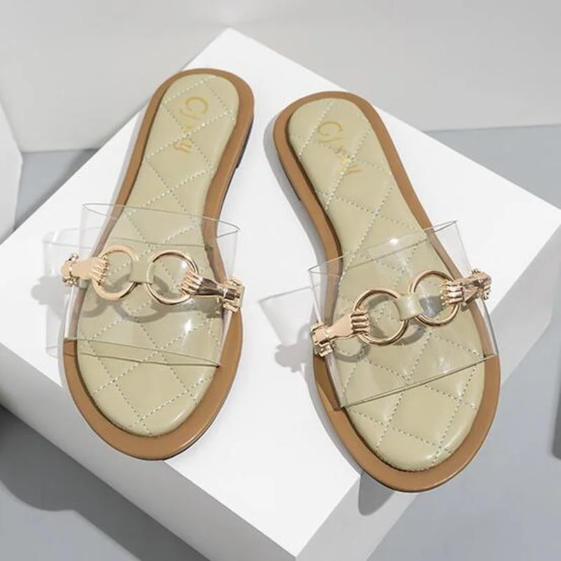 

Summer Female Flip Flops 2021 Metal Chain Women's Slippers Fashion Transparent Flat Outside Beach Shoes Leisure Woman Slides
