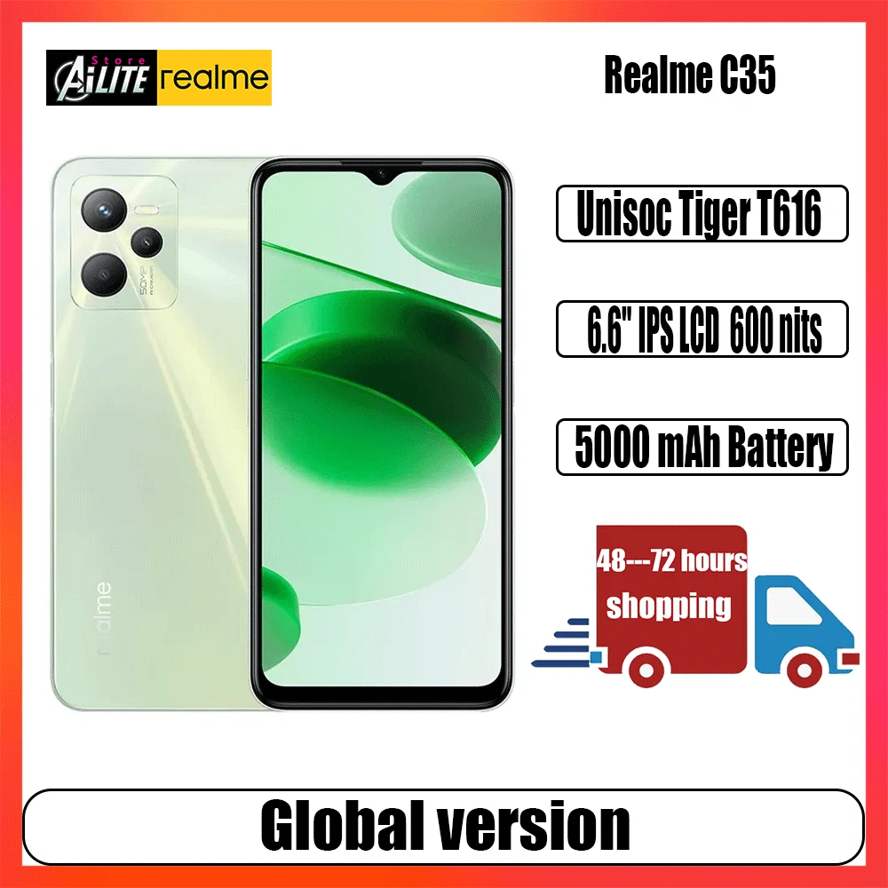 

Global Version realme C35 Smartphone Unisoc T616 Processor Octa Core 6.6" FHD 50MP AI Triple Camera 18W 5000mAh Mobile Phones