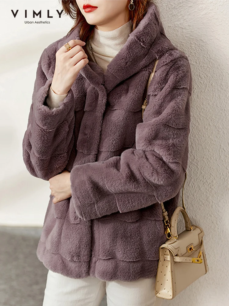 Vimly Hooded Faux Fur Coat 2022 Winter Office Ladies Fashion Luxury Thick Warm Fur Jacket Overcoat for Women Clothes 50386