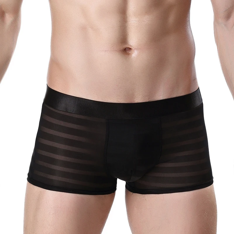 

Sexy See-through Men's Mid-waist Boxers Black Stripe Sports Fast Dry Ice Silk Sorts 3 to 4 Comfortable Breathable Nltra Thin