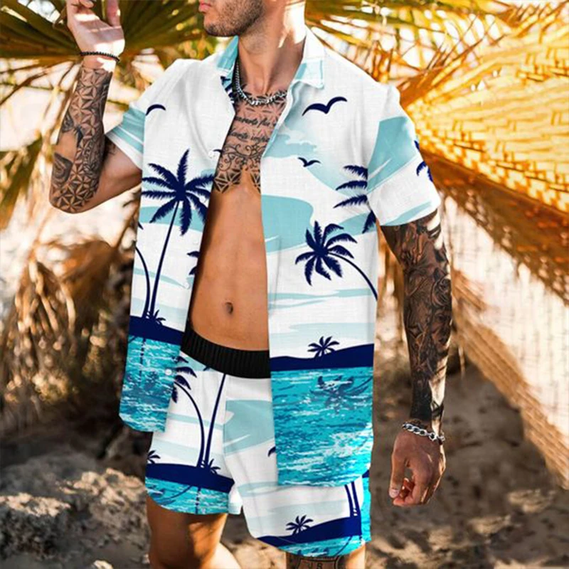 

2022 New Men Hawaiian Sets Summer C oconutPrinting Short Sleeve Shirt Beach Shorts Two Set Casual Trip Mens Leisure 2 Piece Suit