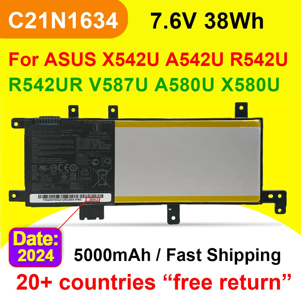Аккумулятор C21N1634 для ноутбука ASUS X542U A542U R542U R542UR V587U A580U X580U X580B FL5900L FL8000L 7 6 В 38 Вт/ч 5000
