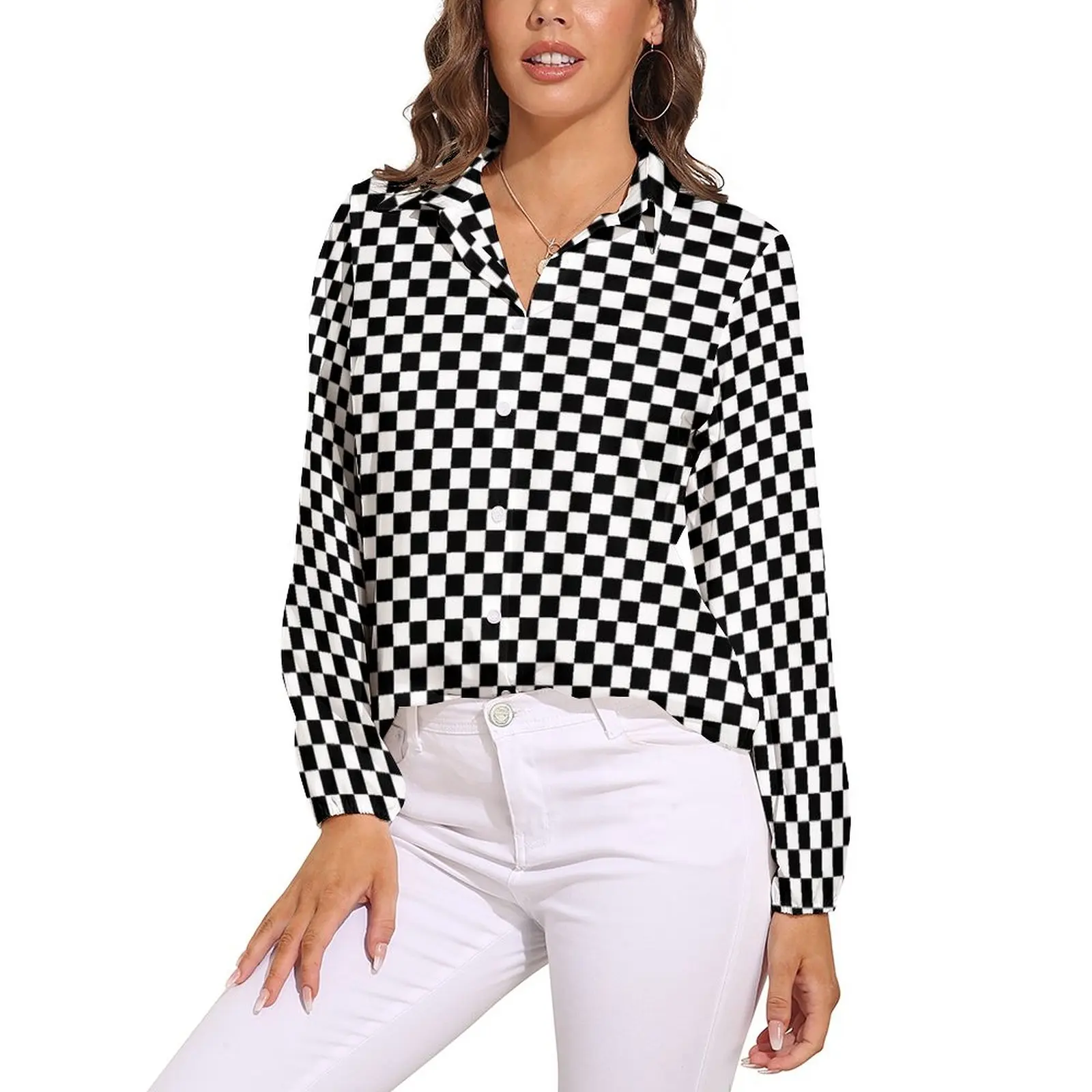 

Two Tone Art Blouse Basic Checkerboard Aesthetic Design Blouses Woman Street Fashion Shirt Spring Long Sleeve Oversized Clothing