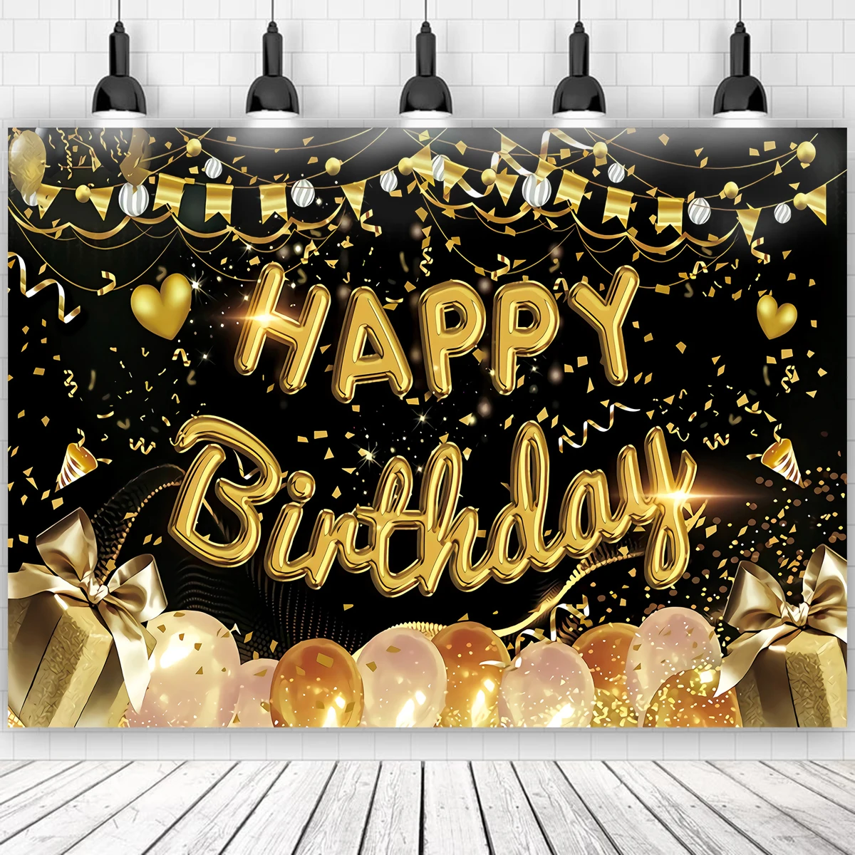 

Happy Birthday Backdrop Girl Boy Large Black Gold Balloon Star Poster Booth Backdrop Birthday photo Background Wall Party Decor