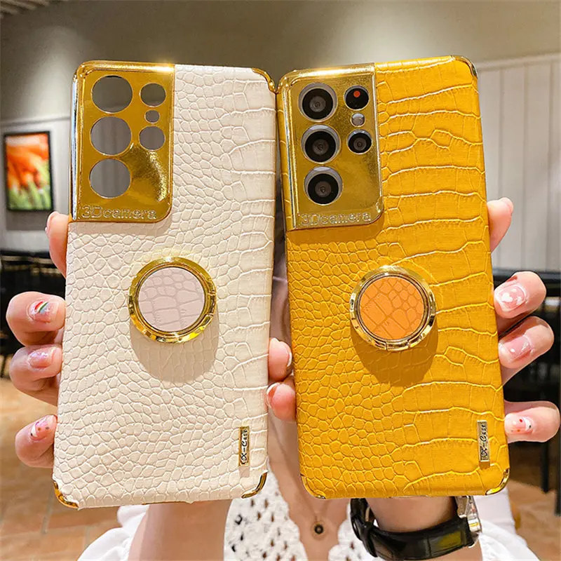 

Leather Ring Holder Phone Case For Samsung A51 A52 A72 5G A32 A82 S10 S20 S20 FE Note 20 Ultra Magnetic Crocodile Pattern Cover