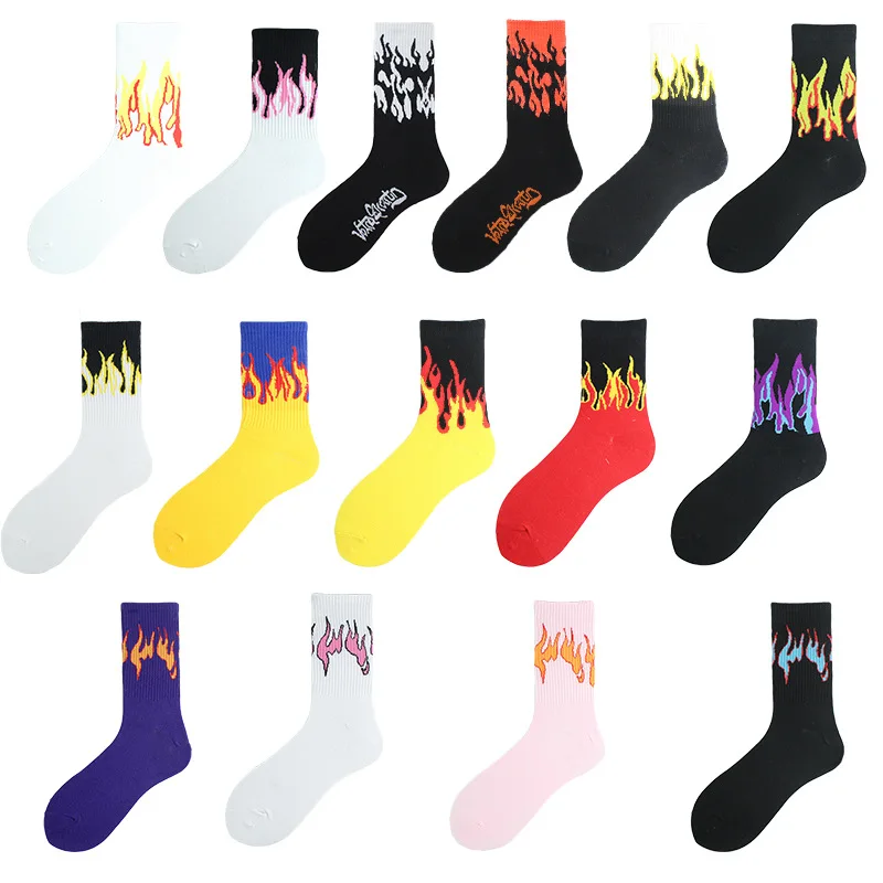 Unisex Harajuku style flame mid-tube cotton socks street hip-hop skateboard men's and women's sports Novelty socks