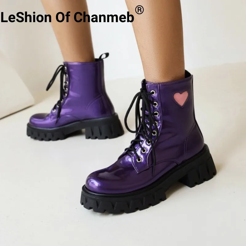 

LeShion Of Chanmeb Purple Patent Leather Boots Women Pink Heart Chunky Block Heels Ankle Goth Boots Platform Lace-up Shoes Woman