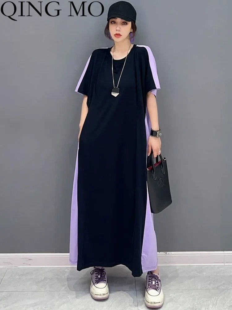 

Женское свободное платье с коротким рукавом QING MO, Повседневное платье черного и фиолетового цветов в Корейском стиле, модель ZXF2950 большого размера на лето, 2023