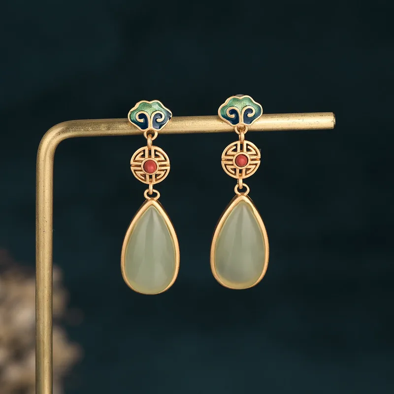 

2022 New Chinese Style Painted Enamel Drop Earrings For Women Imitation Emerald Hetian Jade Pendant Temperament Ear Jewelry Gift