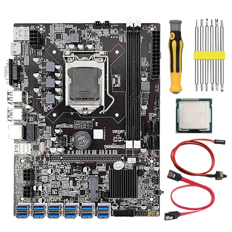 B75 BTC Mining Motherboard With G530/G630 CPU+Screwdriver+Switch Cable+SATA Cable 12 USB3.0 Slot LGA1155 DDR3 RAM SATA3