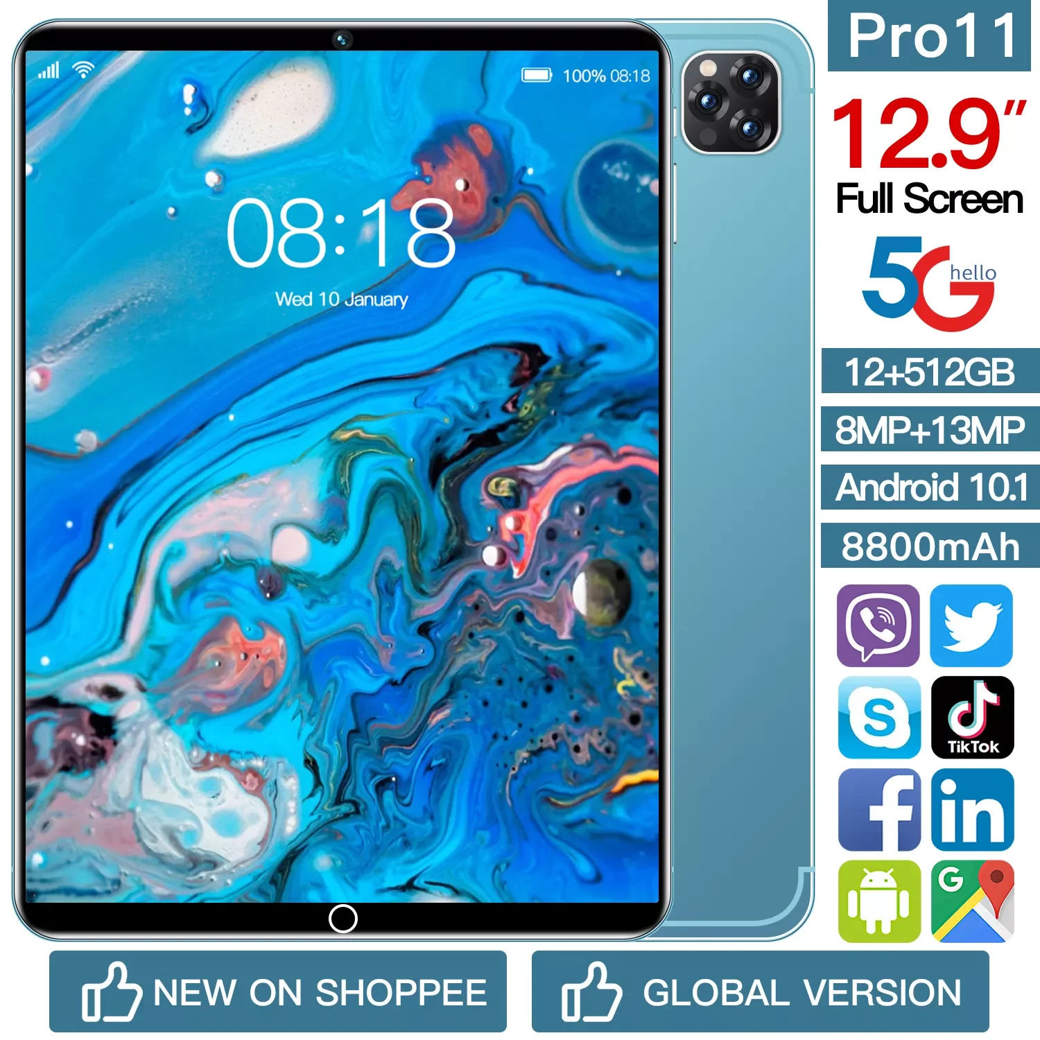 

Планшет с 10,1-дюймовым дисплеем, Android 10, 2 Sim-карты, 12,9 мАч