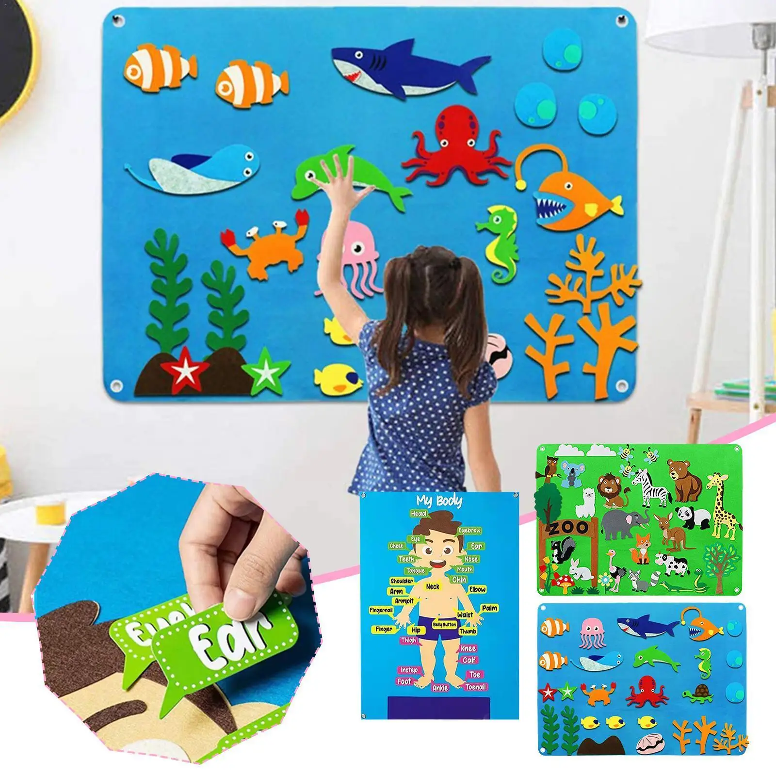 Diy Felt Board Toys Toddler Interactive Storytelling Pattern Early Animals Baby Wall Decoration Cartoon Toys Learning Monte U9x3