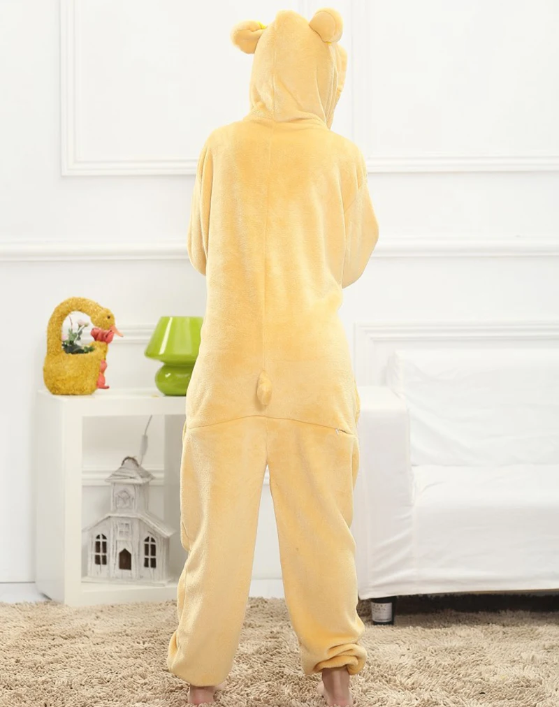 Unisex Winter One-Piece Cartoon Bear Pajamas With Two Round Ears Polyester Warm Length To The Floor Cute Sleepwear Cosplay