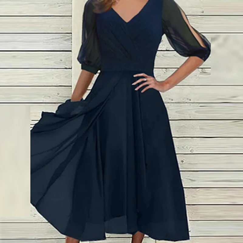

2022 Fashion A-Line Maxi Dress Vestidos Elegant New Off Shoulder Mesh Party Dress Women Sexy Long Sleeve Hollow Out O-Neck Dress