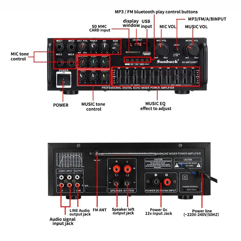 SUNBUCK 2000W 2CH 4ohm bluetooth Stereo Amplifier Wireless Hifi Audio Power Home Karaoke Car Amp USB EQ 4 MIC |