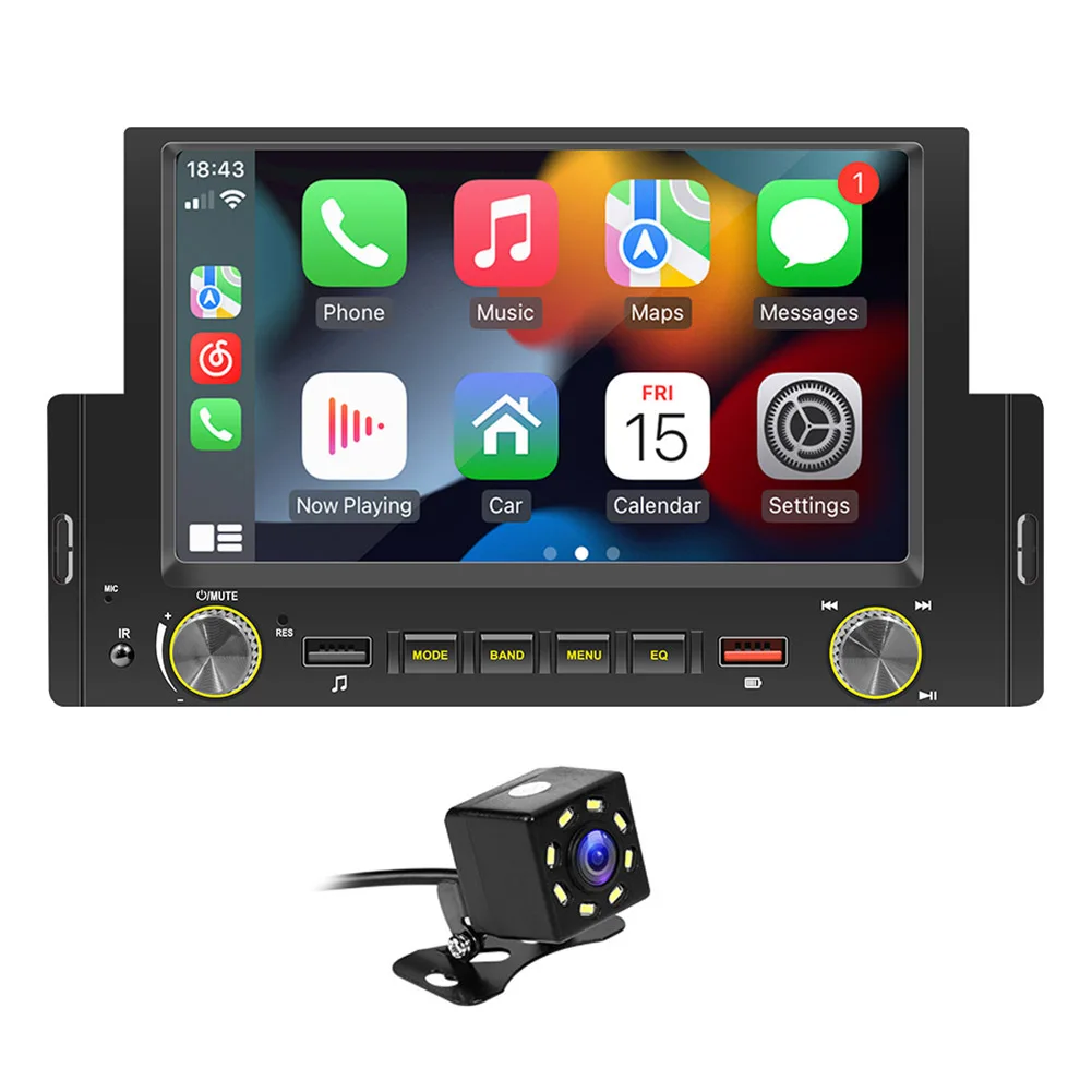 6.2 Inch Car Radio 1DIN  CarPlay Android Auto Multimedia MP5 Player FM Receiver Bluetooth Carplay Audio/Backup with 8 LED Camera