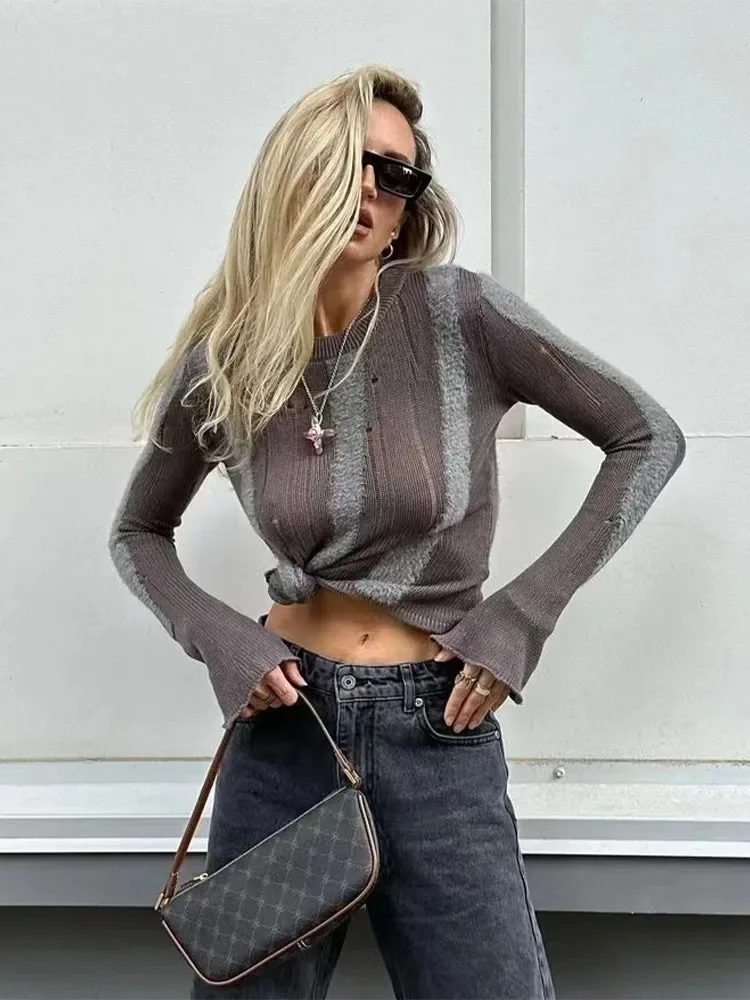 

Women Hollow Knit Stripped O-neck Pullover Fashion Sexy Long Flare Sleeve Slim Fit Inner Sweater 2023 Autumn Fashion Streetwear