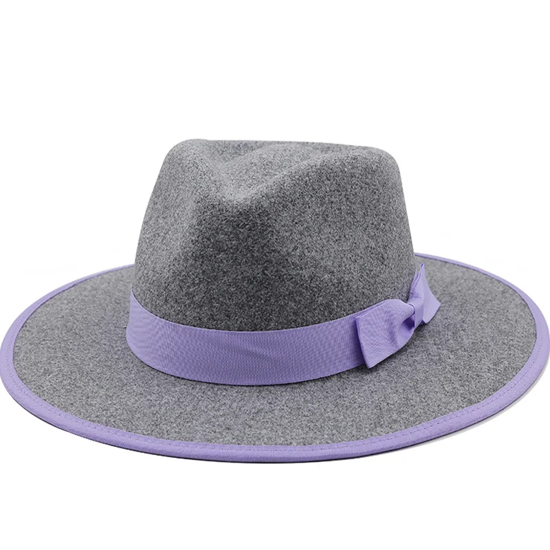 Gray Women Men Wool Fedora Hat With Bow 