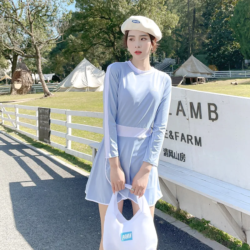 Купальник-монокини с длинным рукавом и юбкой в стиле Кореи 2022 года для женщин, белый цвет.