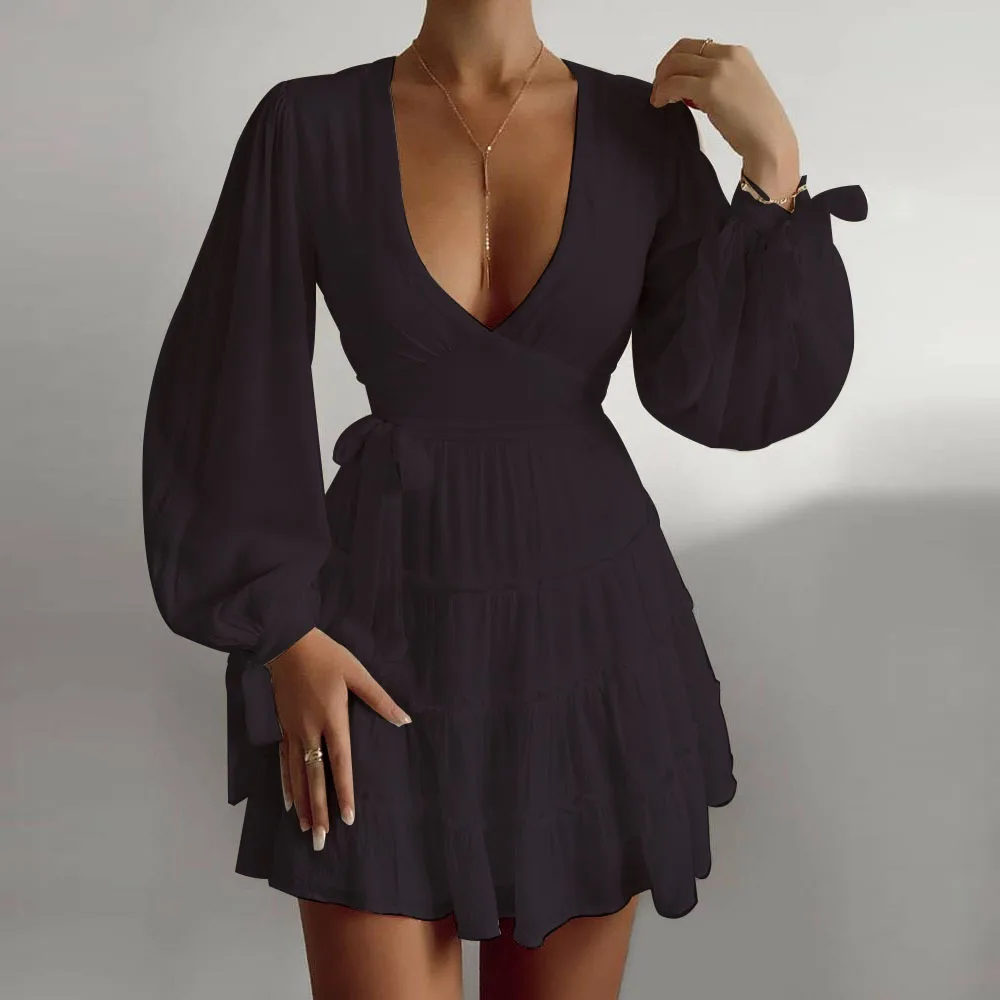 

Wepbel A-line Dress Women Solid Color and V-neck Fashion Lantern Long Sleeve Lace-up Dresses Slim Fits High Waist Summer Dress