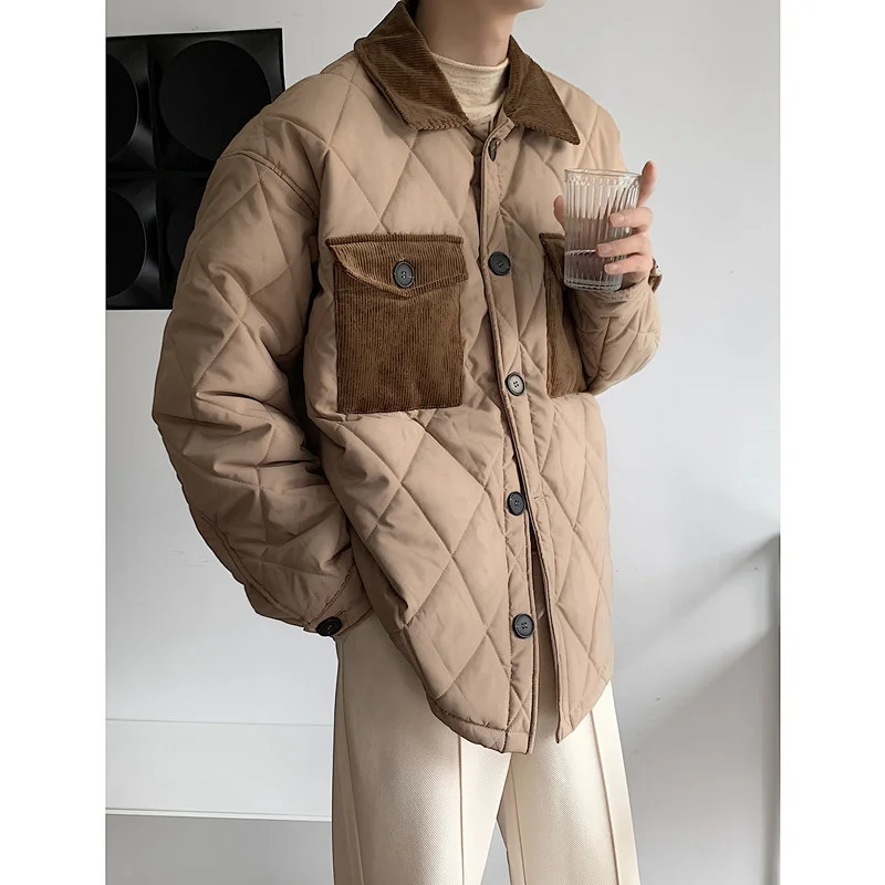 Winter Jacket Men Warm Fashion Corduroy Casual Thick Plaid Jackets Men Korean Loose Short Coat Mens Parker Clothes M-2XL