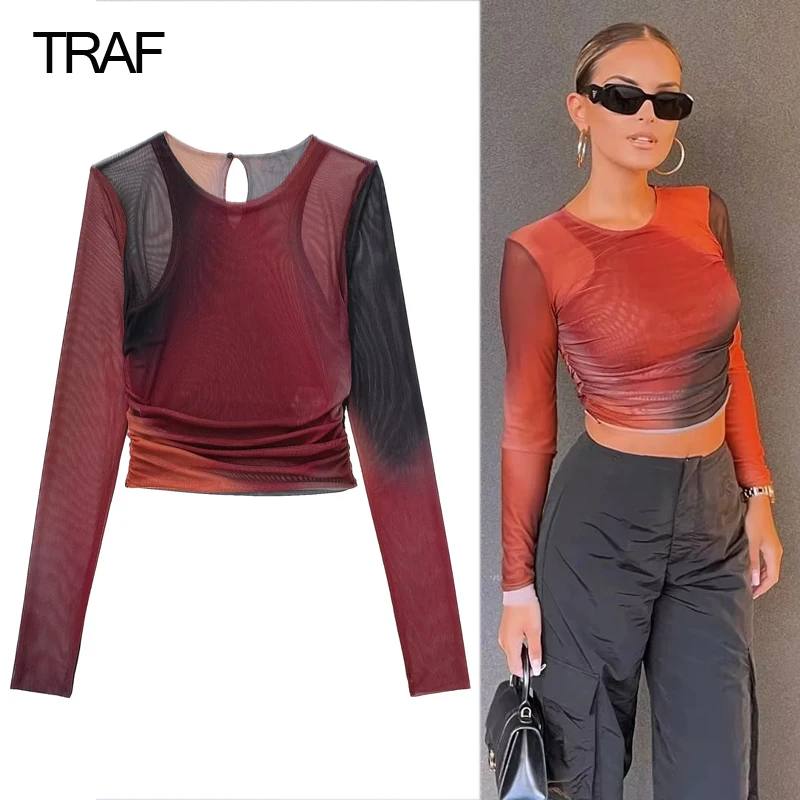 

Укороченный топ из тюля с принтом TRAF, женские блузки с рюшами, Женский корсет с длинным рукавом, топ, Женская Осенняя уличная одежда, плиссир...