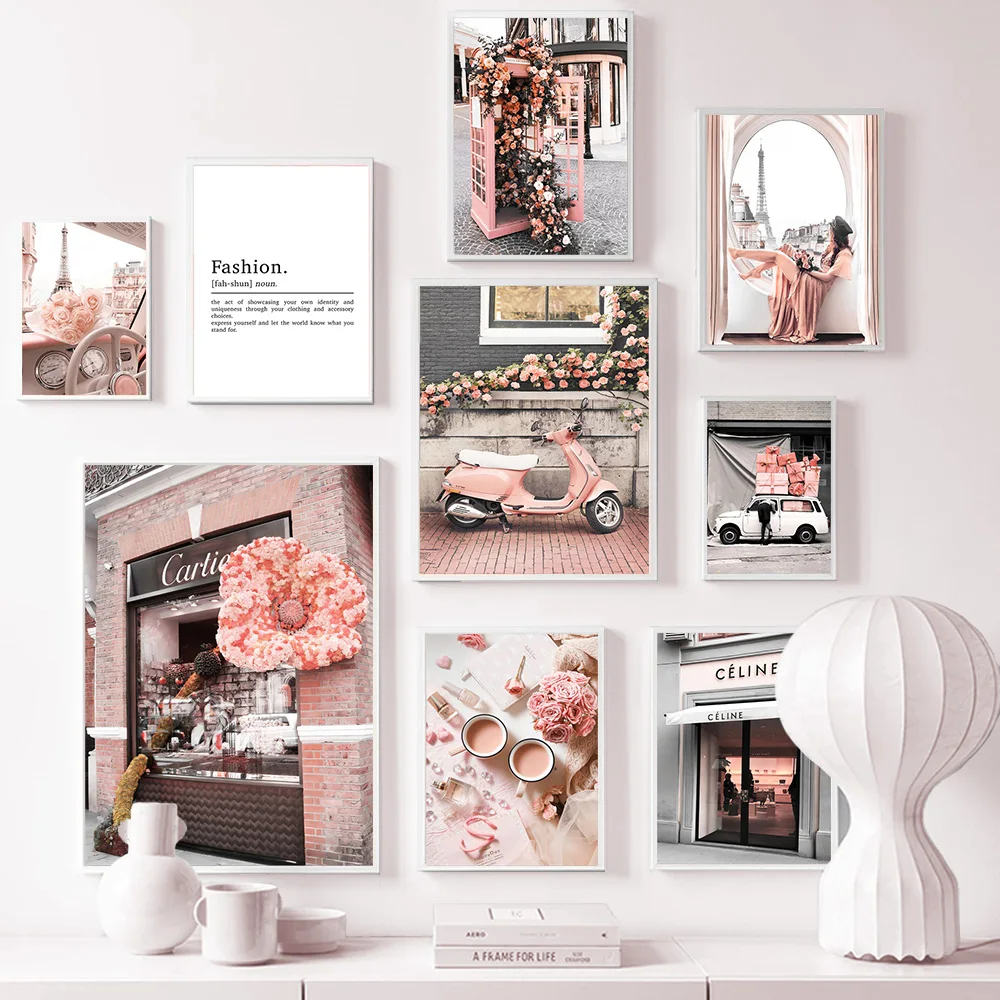 

Modern City Wall Art Poster Print Fashion Paris Vintage Girl Pink Flower Canvas Painting for Living Room Home Pictures Decor Art