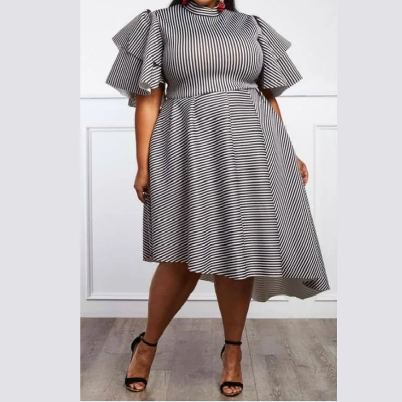 Plus Size Large Women's Dress 2023 New Women's Printed Round Neck Asymmetric Hem Ruffle Sleeve Solid Color Casual Large Dress