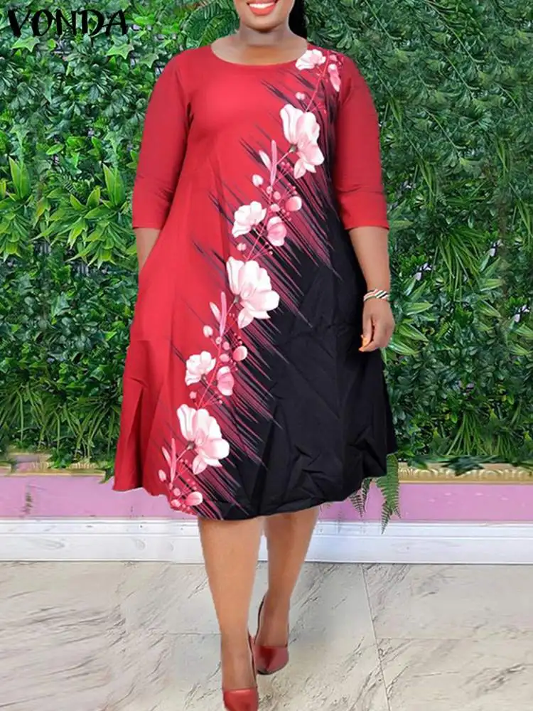 

VONDA Y2K Stylish Loose Midi Dresses Female Casual Floral Printed Vestidos Women 3/4 Sleeve Sundress Holiday A-Line Pleated Robe