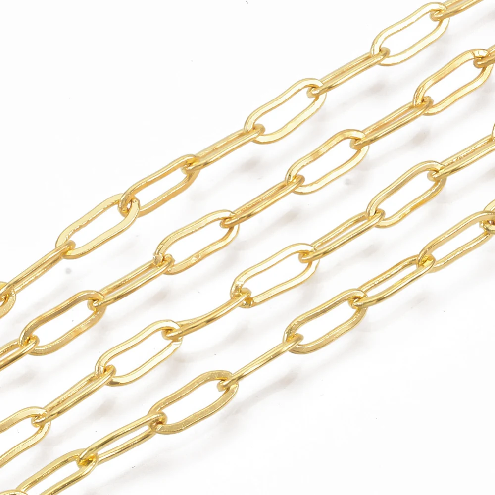 

Brass Paperclip Chains Flat Oval Drawn Elongated Cable Chains Soldered Long-Lasting Plated Cadmium Free Nickel Lead Free Golden