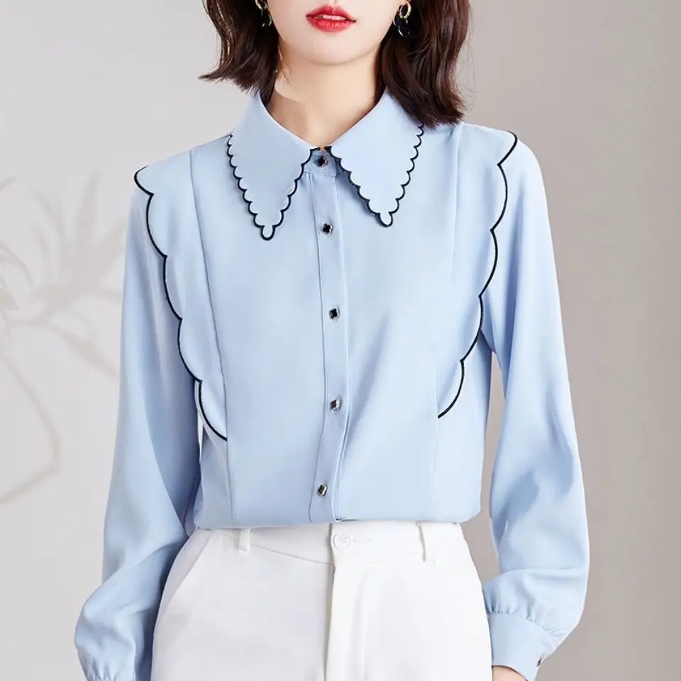 New Spring Flounce Shirt Loose Slim Long-sleeved Square Collar Shirts OL Tops Femina Blusa