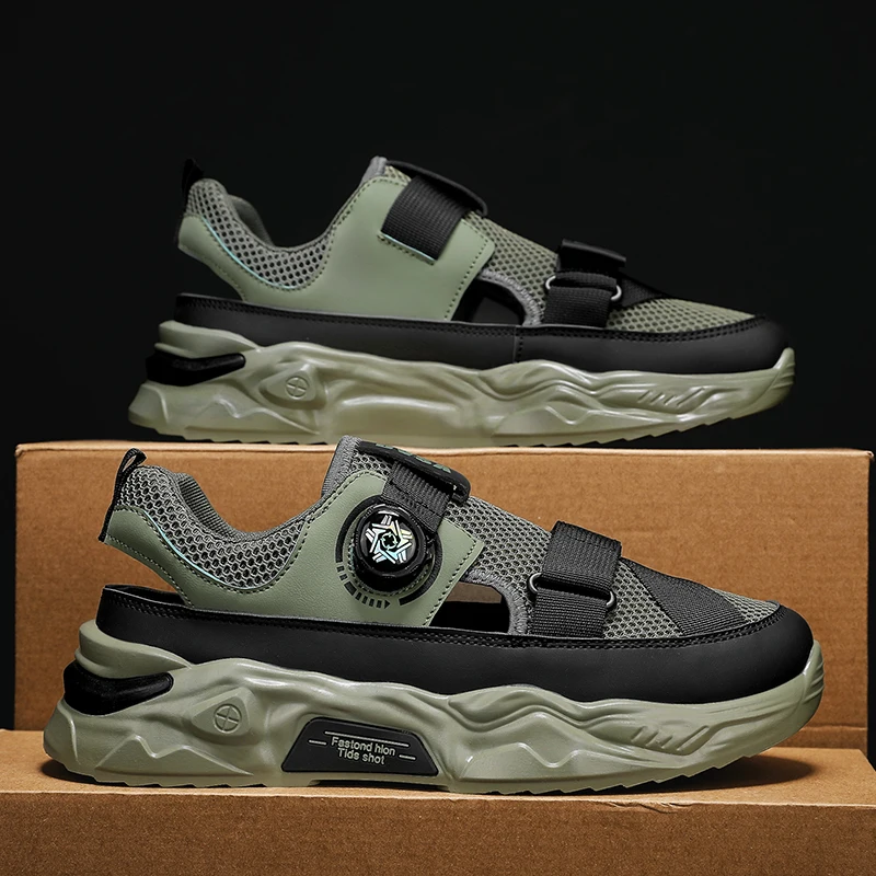 Мужские сандалии с вращающейся пряжкой легкие Нескользящие сетчатые кроссовки