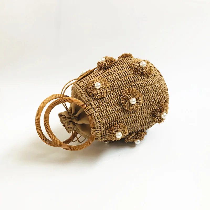 Aesthetic Rattan Bags With Artificial Pearl Decoration Women Bag Woven Straw Bag Portable Mini Basket Bag Eco bag Beach Handbag