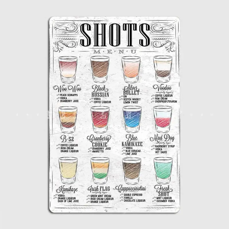 

Types Of Shots Metal Plaque Poster Club Home Club Bar Create Wall Plaque Tin Sign Poster