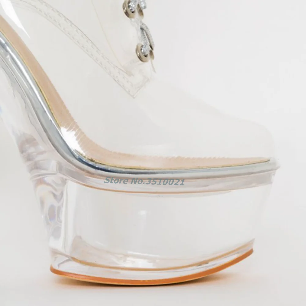 Clear Silver Platform Lace Up Boots Clear Stiletto High Heels Sexy PVC Material Women Dress Shoes 15cm Fashion European Style