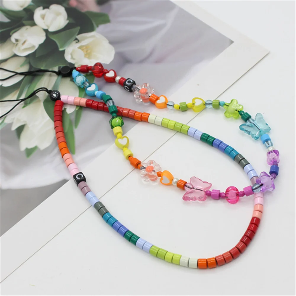 Boho Keychain Alloy Rainbow Gradient Enamel Phone Anti-Lost Bracelet For Girls DIY Phone Choker Necklace Strap Lanyard Lady Gift