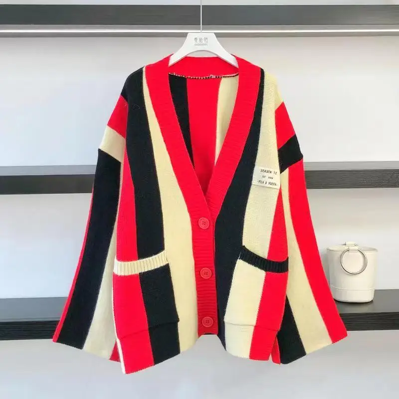 

Korean Version Strip Versatile Knitwear Loose V-neck Long-sleeved Women Cardigans Sweater Jacket Coat