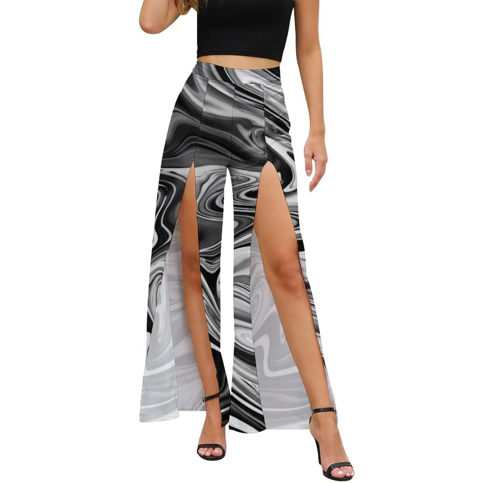 

Женские брюки в стиле Харадзюку, элегантные черно-белые брюки с графическим принтом, прямые трендовые брюки с широкими штанинами и разрезом...