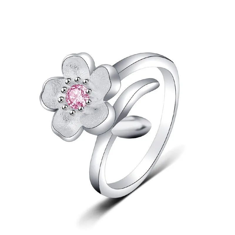 

Fashion Open Adjustable Band Cherry Pink Flower Zircon Ring Women Sterling Silver Fashion Pink Ruby Ring