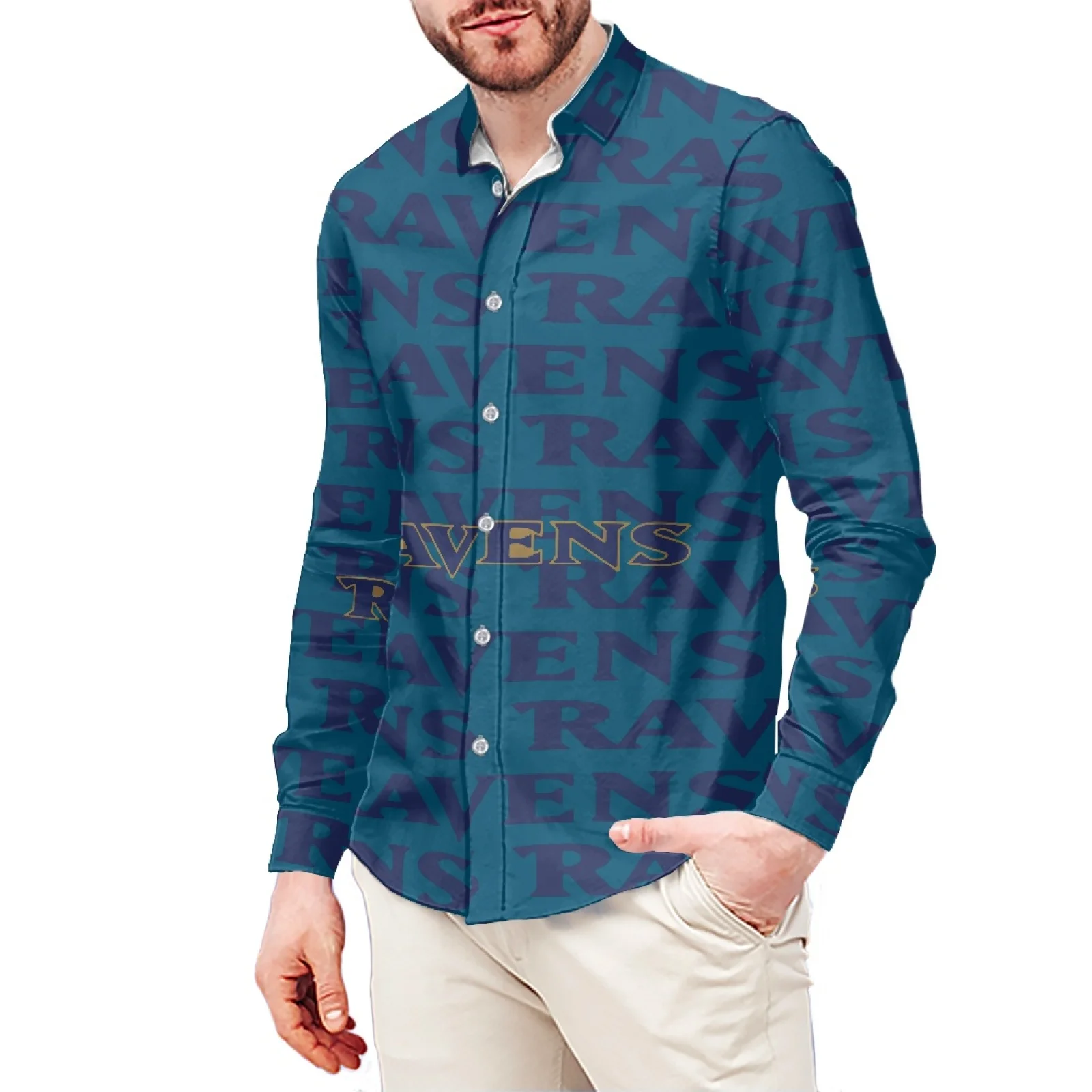 Navy Blue RAVENS Letter Steelers Printed T-Shirt Polynesian Samoa Hawaiian Style Long Sleeve Shirt Men's Dress Shirt Wedding S-6