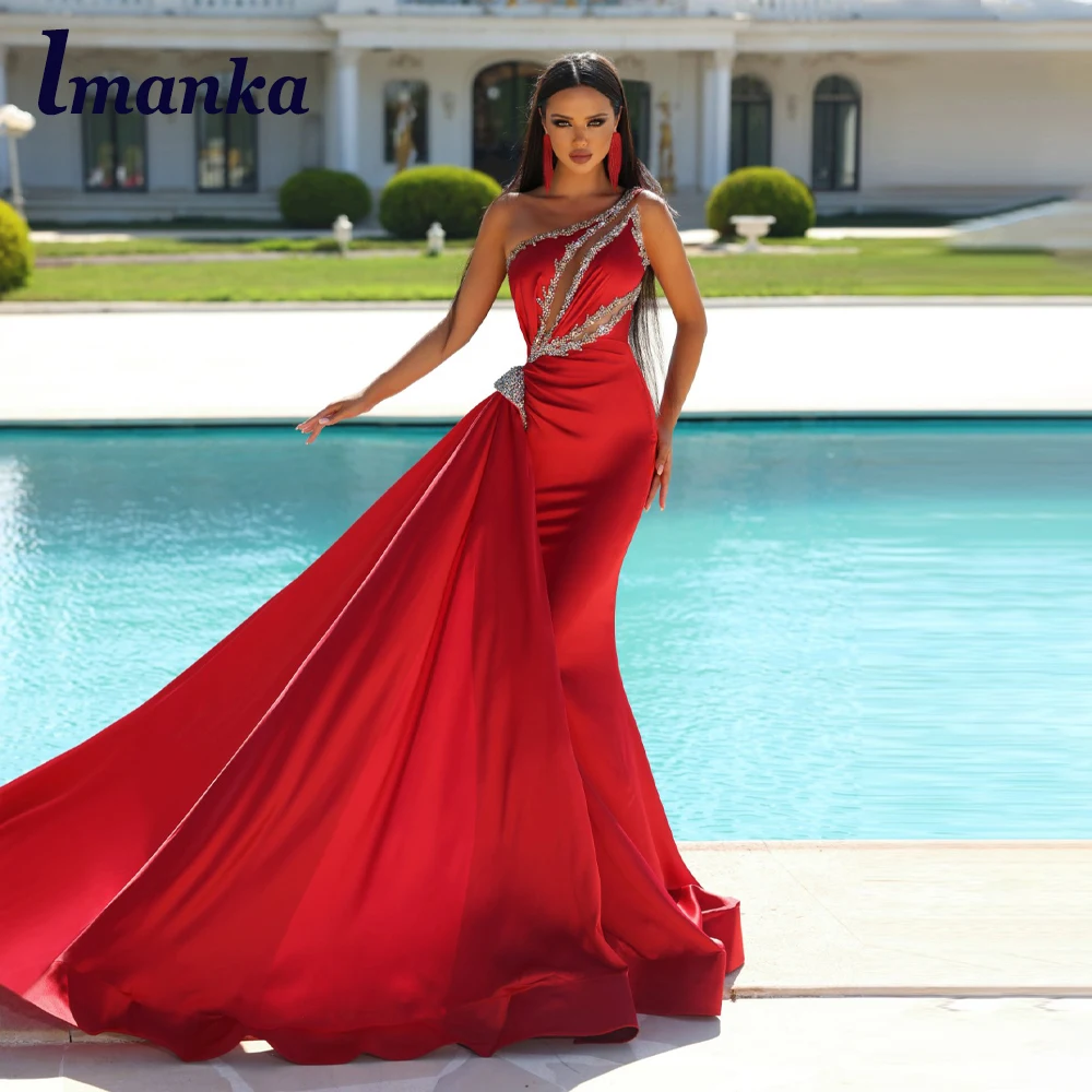 

IMANKA Detachable Train One Shoulder Formal Party Dresses For Women Vintage Sequined Mermaid Scoop Appliques Satin Abendkleider