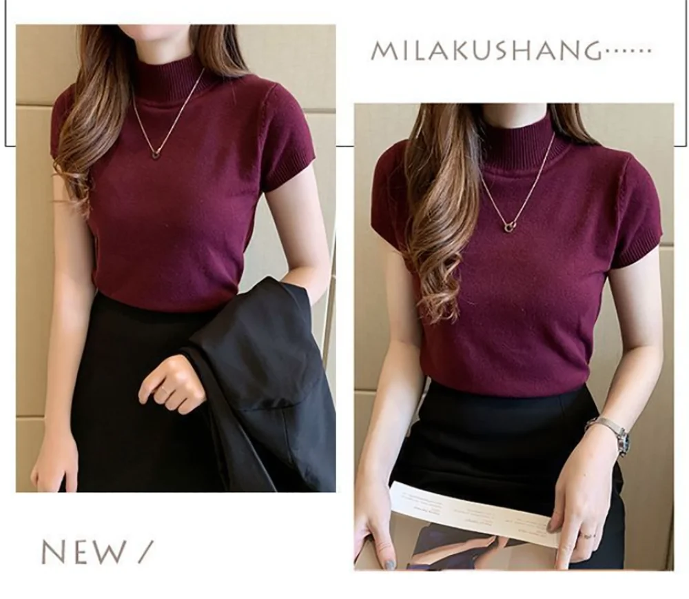 Женский топ летняя женская тонкая рубашка с полувысоким воротником футболка