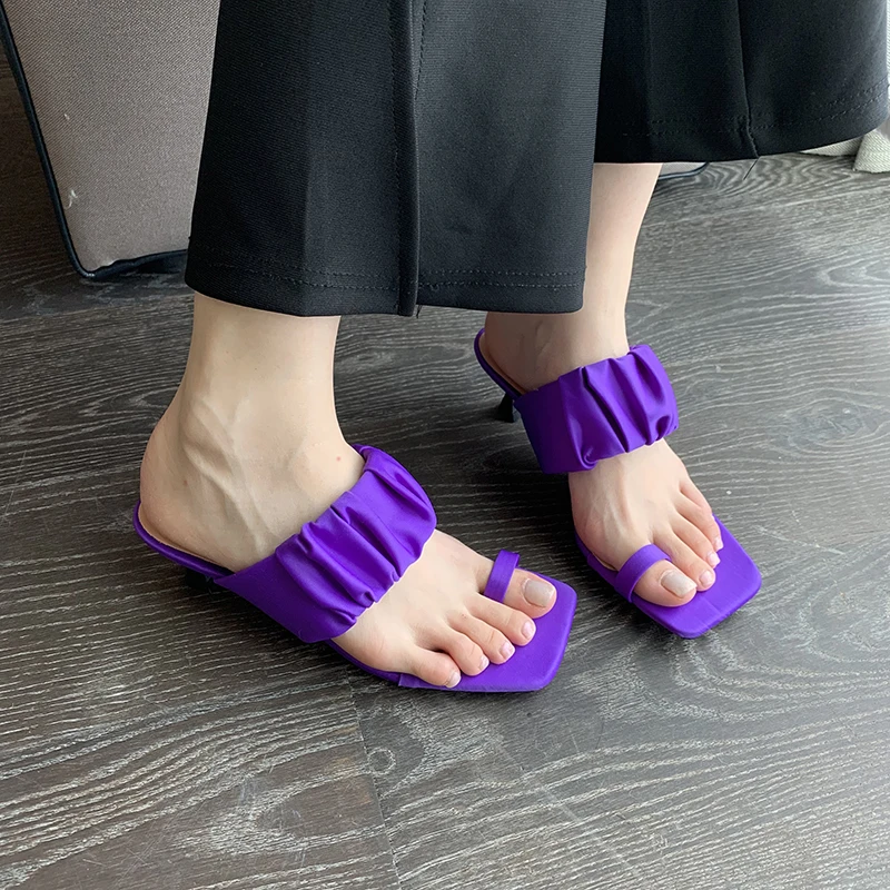

Clip Toe Women Slippers 2022 New Arrivals Summer Outside Slides Slippers Thin Mid Heels Black Beige Purple Slip On Casual Slides